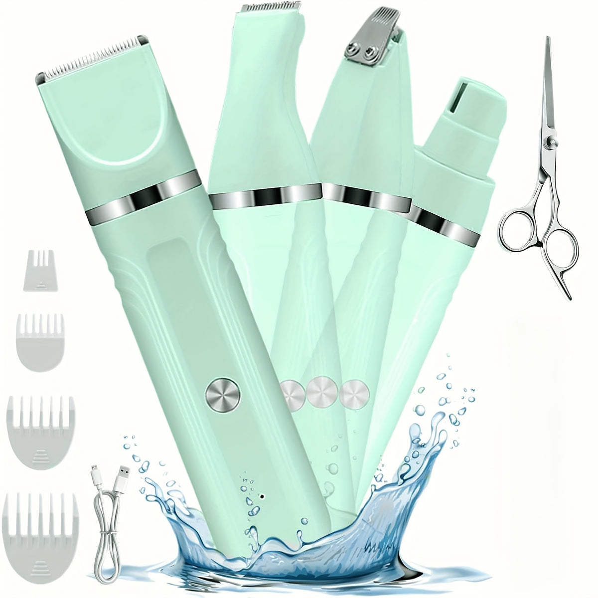 Dog Paw Trimmer and Nail Grinder Set, Rechargeable Cordless Low-Noise Pet Hair Clippers with Interchangeable Heads for Cats and Dogs