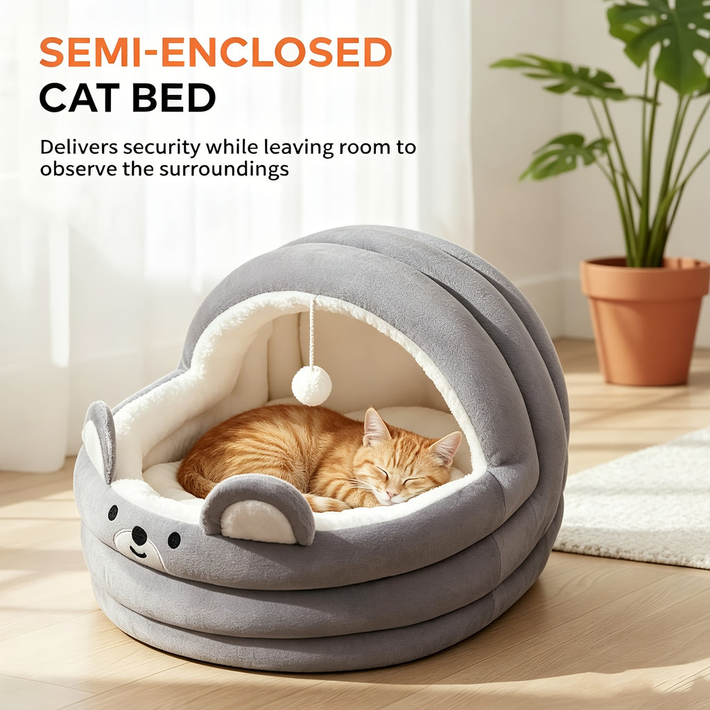 Circular Cat Sleeping Bed with Toy Balls, Soft All-Season Pet Resting Nest for Cats and Small Dogs, Grey Pink or Brown with Three Listed Size Options