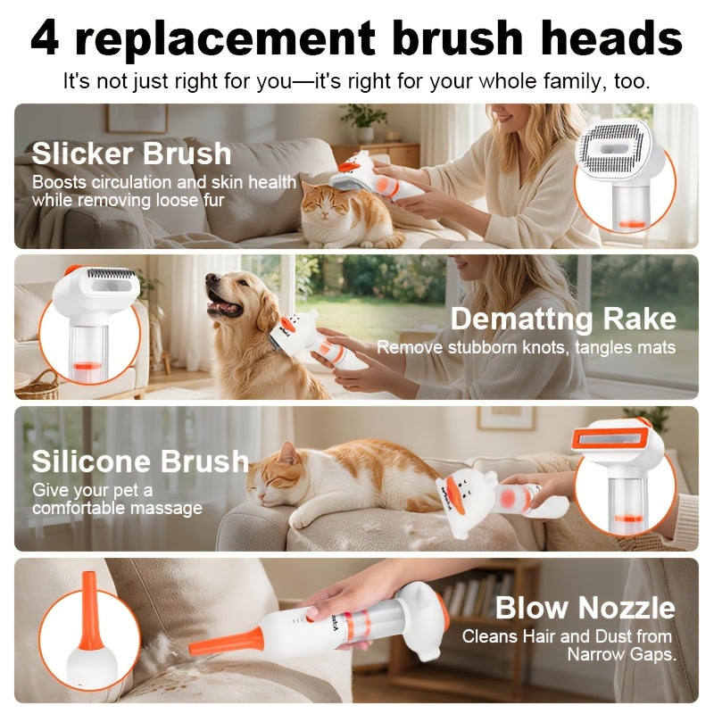 Pet Grooming Vacuum Brush 4-in-1, White Handheld Dog and Cat Deshedding Kit with Self-Cleaning Slicker, Undercoat Rake, Massage Brush and Blowing Nozzle