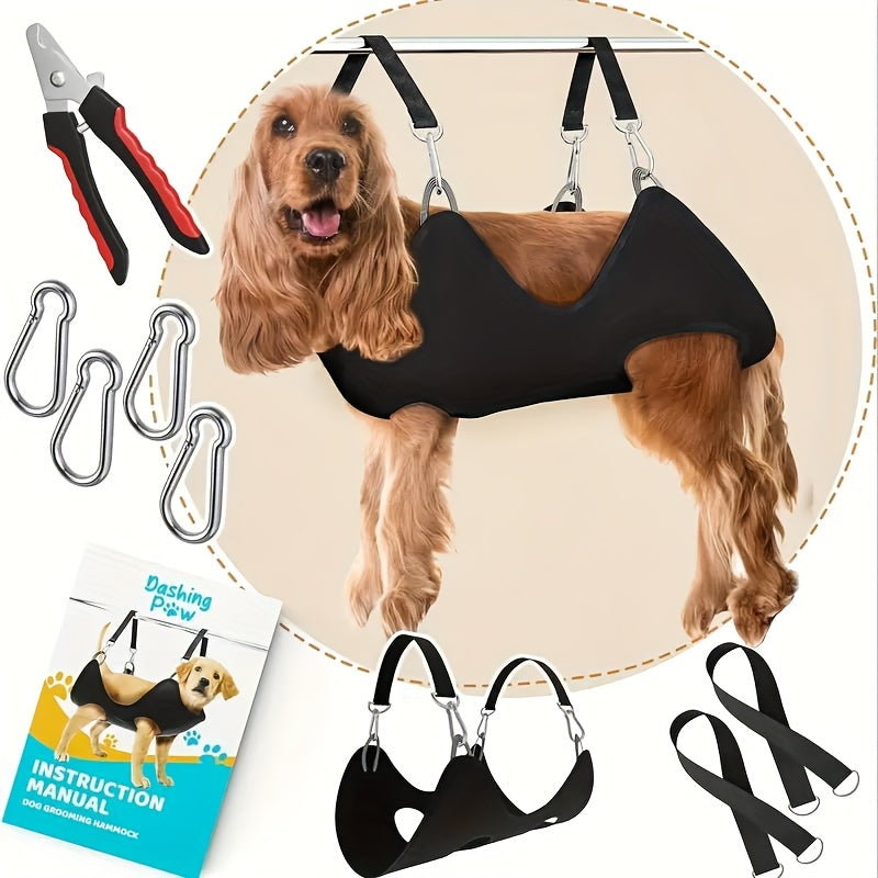 Dog Grooming Hammock with Nail Trimmer for Small to Large Dogs, Sturdy & Safe Grooming Harness Sling with Durable Carabiner Clips & Straps for At-Home Nail Trimming, Bathing & Coat Care, XS-L