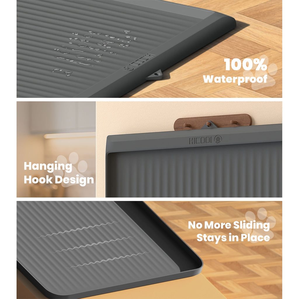Large Dog Feeding Mat 36 x 24 Inches, Grey Waterproof Pet Bowl Placemat with Raised Edges, Grooved Surface and Roll-Up Design for Food and Water
