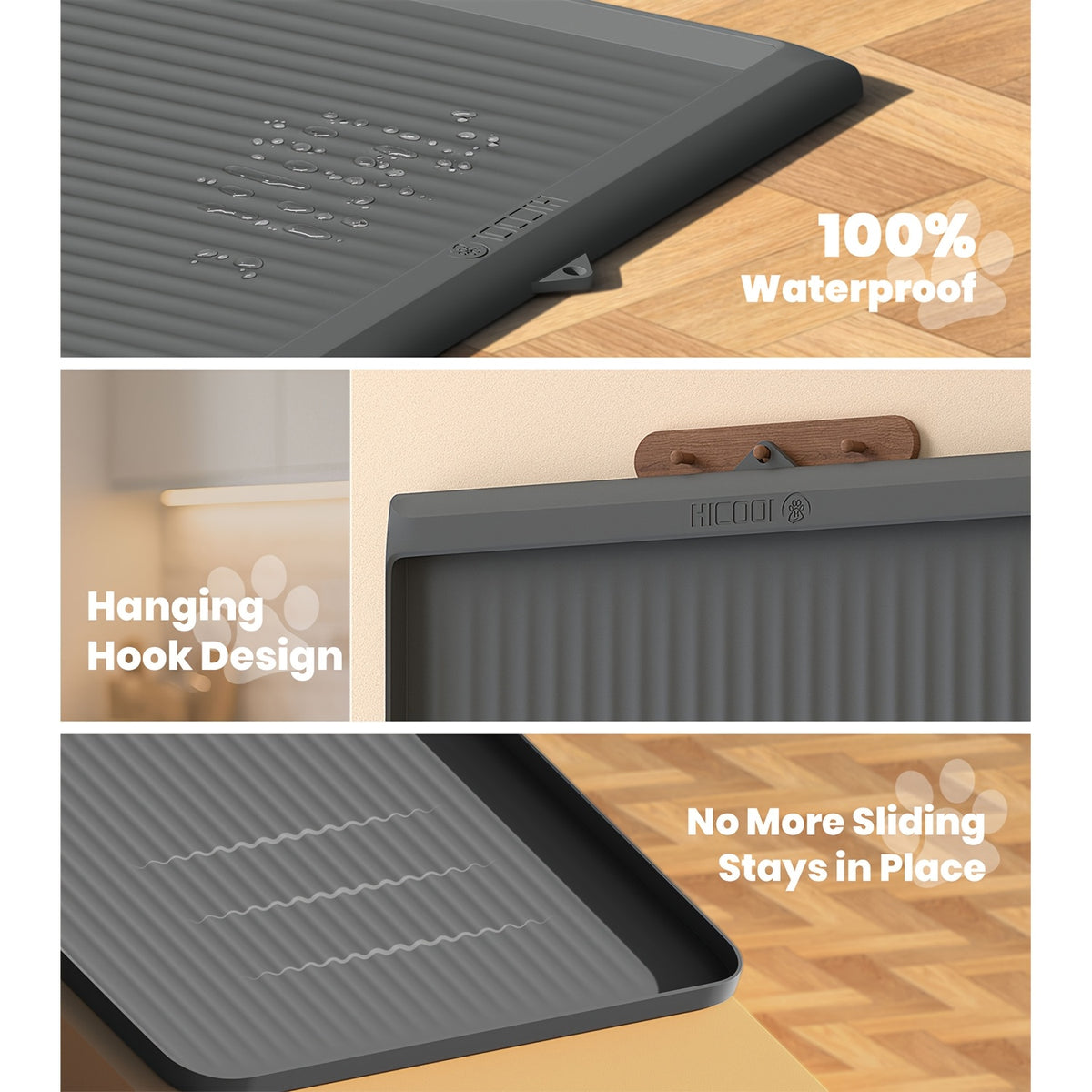 Large Dog Feeding Mat 36 x 24 Inches, Grey Waterproof Pet Bowl Placemat with Raised Edges, Grooved Surface and Roll-Up Design for Food and Water