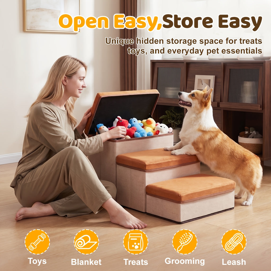 Foldable Dog Stairs with Storage Ottoman Design, Soft Cushioned Non-Slip Pet Steps for Bed and Couch, 3/4-Step Styles with Chicken Leg Plush Toy