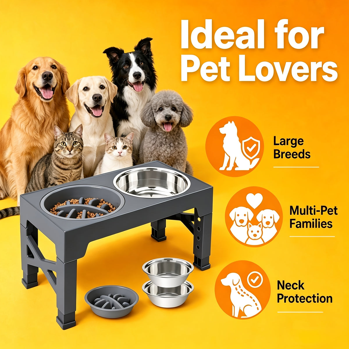 Adjustable Raised Dog Bowl Set with 5 Height Settings, 2 Stainless Steel Bowls and 1 Slow Feeder for Small to Large Dogs, Black or Gray