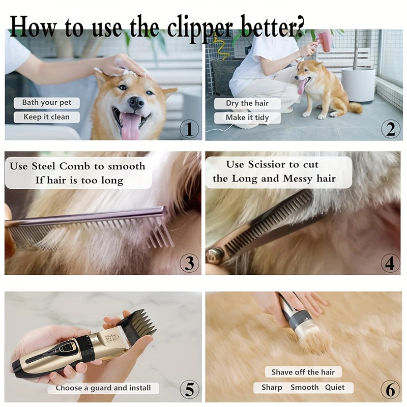 Adjustable Dog Hair Trimmer, Rechargeable Cordless Low-Noise Pet Grooming Clippers with Guide Comb Options for Dogs and Cats, Three Package Choices