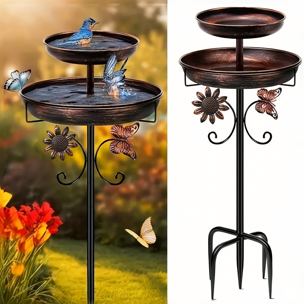 Bronze Metal Bird Bath with Flower and Butterfly Accents, Five-Prong Ground Stake Garden Basin with Single Layer and Set Options for Outdoor Yard Decor