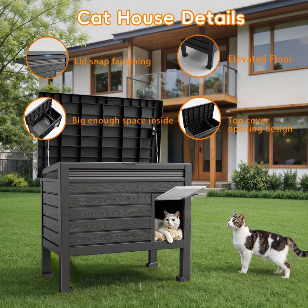Cat House with Openable Doors, Black Resin Indoor and Sheltered Outdoor Cat Shelter, Easy-Clean Resting Space, 31.02 x 19.09 x 26.73 Inches