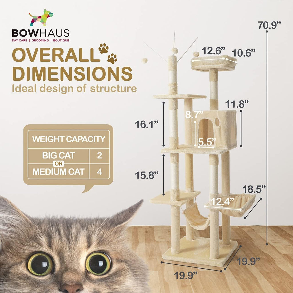 Tall Cat Tree 70 Inch for Indoor Cats, Multi-Level Climbing Tower with Top Perch, Hammock, Cave Condo and Scratching Posts in Three Colors