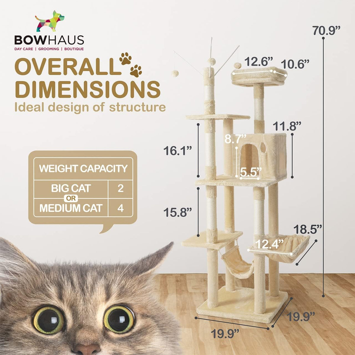 Tall Cat Tree 70 Inch for Indoor Cats, Multi-Level Climbing Tower with Top Perch, Hammock, Cave Condo and Scratching Posts in Three Colors