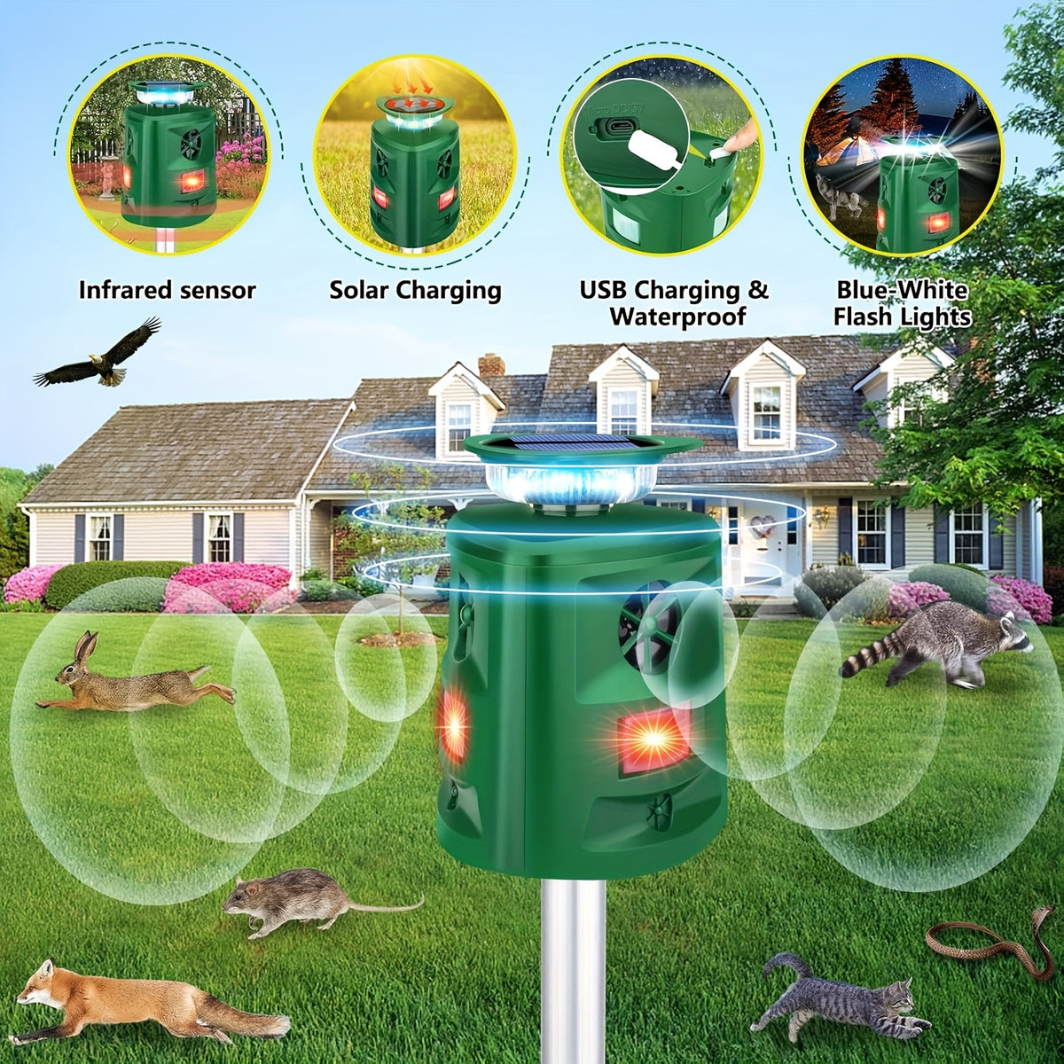 Solar-Powered Ultrasonic Outdoor Animal Sensor with 360° Motion Detection & LED Flashing Lights, Animal Activity Sensing Device for Yards, Farms, Chicken Coops, Homes, Villas & Barns, Dark Green