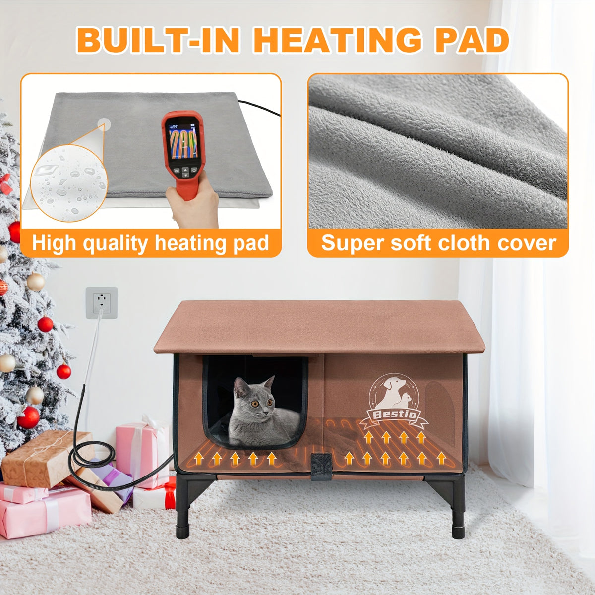 3-in-1 Heated Cat House with Detachable Heating Pad and Elevated Bed, Dual-Entry Cat Shelter in Brown, Camouflage and Roof Style Options