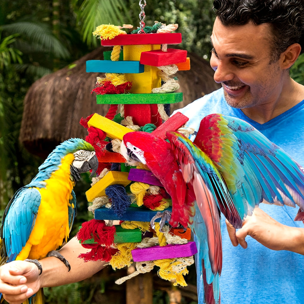 Parrot Chew Toy with Colorful Wooden Blocks and Hanging Chain, Extra Large Bird Cage Activity Toy for Macaws and African Grey Parrots