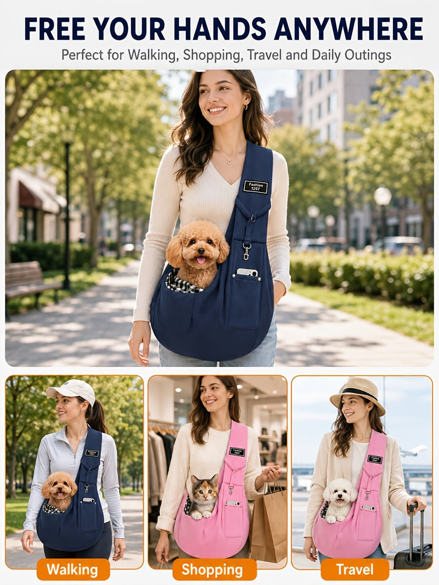 Reversible Dog Carrier Sling with Storage Pocket for 3-15 lb Small Dogs and Cats, Hands-Free Puppy Carrying Pouch in Pink or Blue for Outings