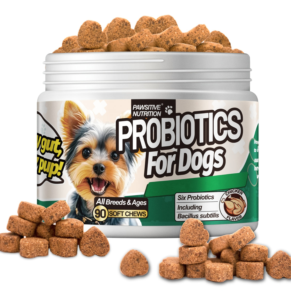 Dog Probiotic Soft Chews 90 Count, Chicken Flavor Six-Strain Formula with Prebiotics for Daily Digestive Support and Canine Gut Care