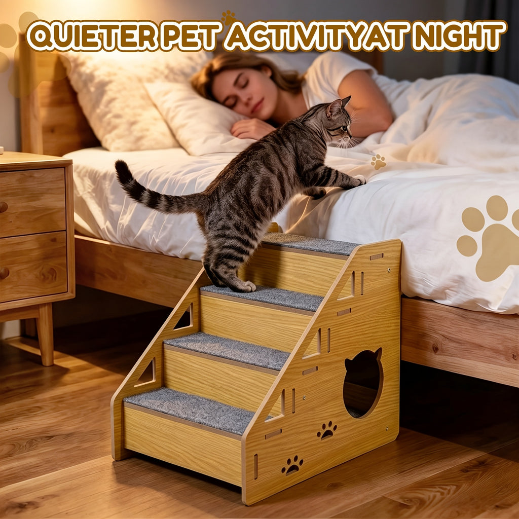 4-Step Dog Stairs for Small Dogs and Cats, Khaki Pet Steps with Non-Slip Treads and Paw Cutout Side Panels for Bed and Couch Access