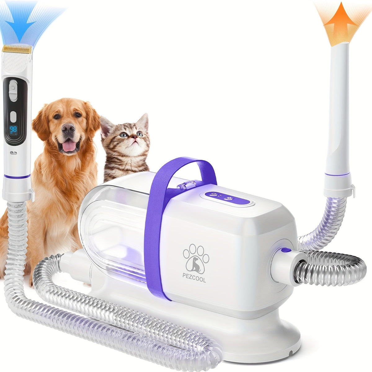 Pet Grooming Vacuum 12000Pa with 2.2L Dust Cup and 3 Suction Levels, Orange or Purple Dog Hair Collection System with 8-in-1 Kit Options