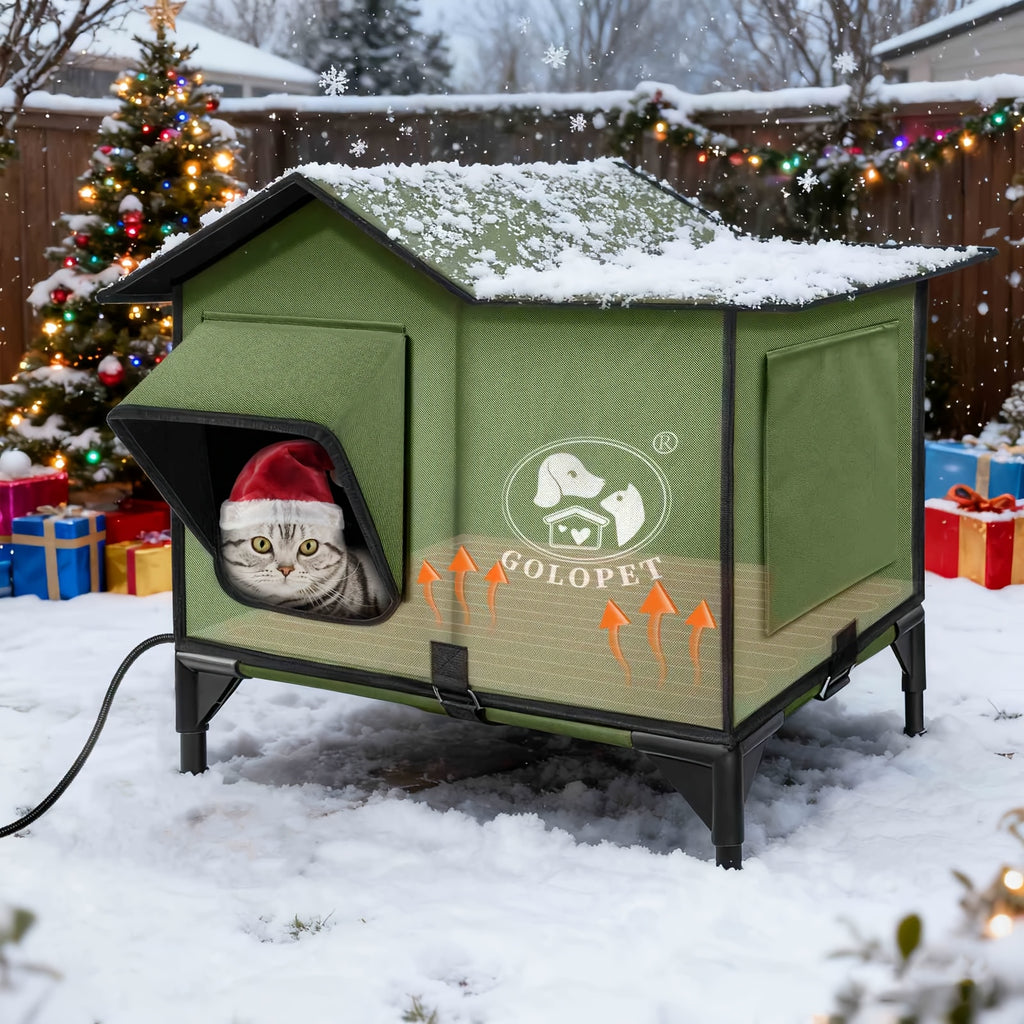 Cat House with Detachable Heating Pad, XL 21 x 17 x 17 Inch Pet Shelter and Elevated Bed for Cats and Small Dogs, Indoor and Outdoor Use