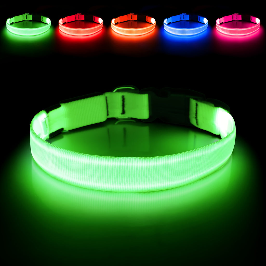 Light Up Dog Collar with 4 Bells, Micro USB Rechargeable LED Nylon Pet Collar with Adjustable Fit, Plastic Buckle and D-Ring for Night Walks