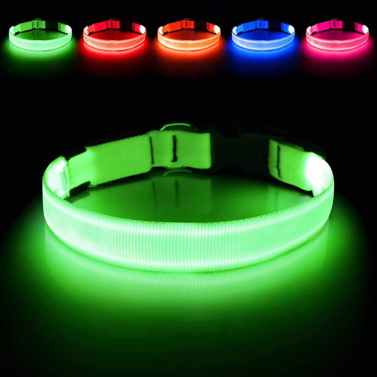 Light Up Dog Collar with 4 Bells, Micro USB Rechargeable LED Nylon Pet Collar with Adjustable Fit, Plastic Buckle and D-Ring for Night Walks