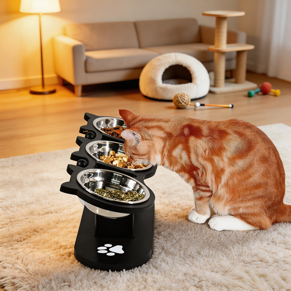 Adjustable Cat Bowl Stand with 3 Stainless Steel Bowls, 15 Degree Tilted Black Elevated Feeding Station with Cat-Ear Holders for Food and Water