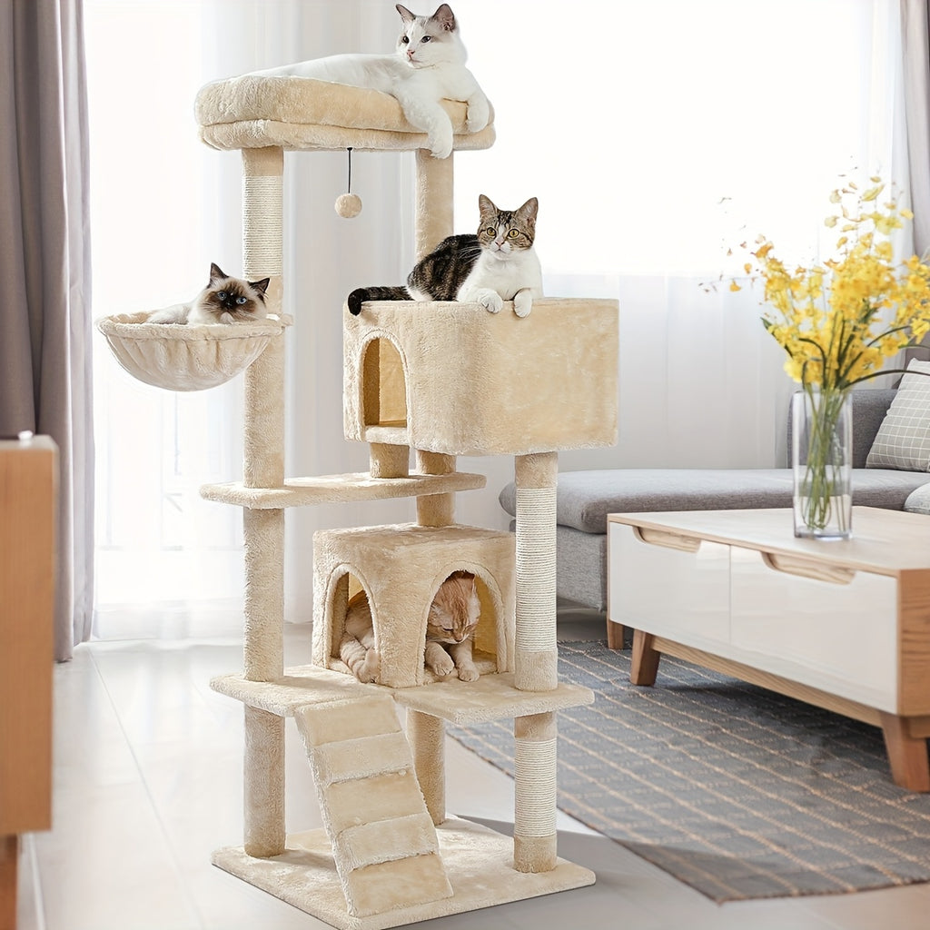 Cat Tree with Oversized Top Perch, 56.3 Inch Multi-Level Indoor Cat Tower with Hammock, Two Condo Hideaways and Scratching Posts, Five Colors