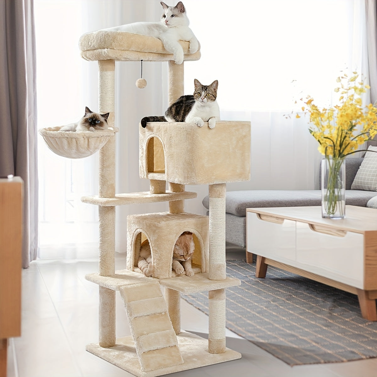Cat Tree with Oversized Top Perch, 56.3 Inch Multi-Level Indoor Cat Tower with Hammock, Two Condo Hideaways and Scratching Posts, Five Colors