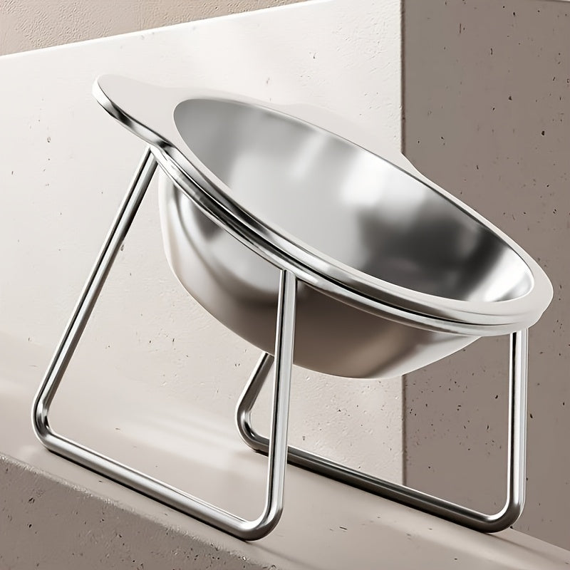 Tilted Cat Bowl with Metal Stand, 304 Stainless Steel Raised Feeding Dish with Cat-Ear Rim and 15 Degree Angle for Everyday Indoor Cat Meals