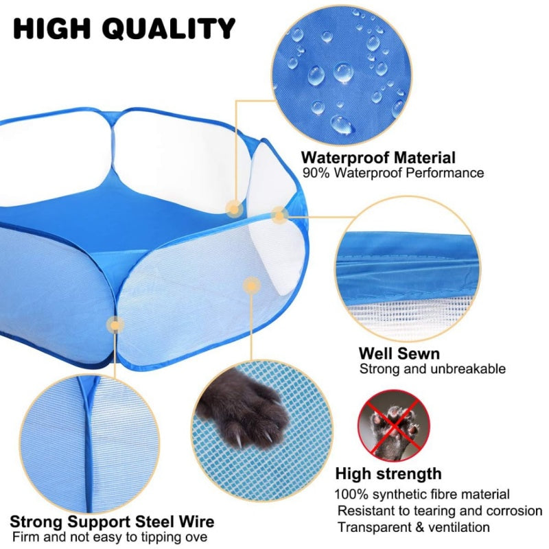 Portable Small Animal Playpen in Blue with Mesh Cover, Indoor Outdoor Pet Enclosure for Supervised Guinea Pig, Rabbit and Kitten Play