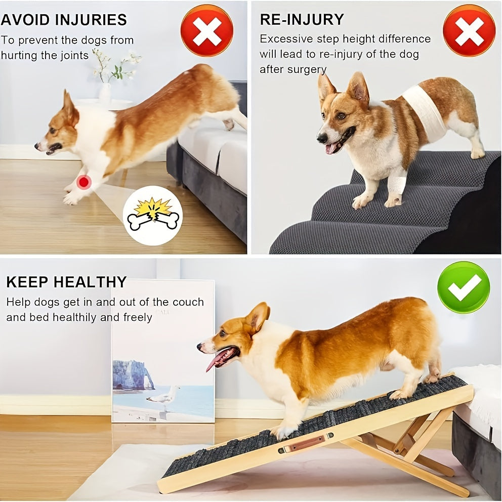 Dog Ramp with Guardrails for Bed and Couch Access, Adjustable Wooden Pet Climbing Ramp with Textured Traction Surface and Folding Support