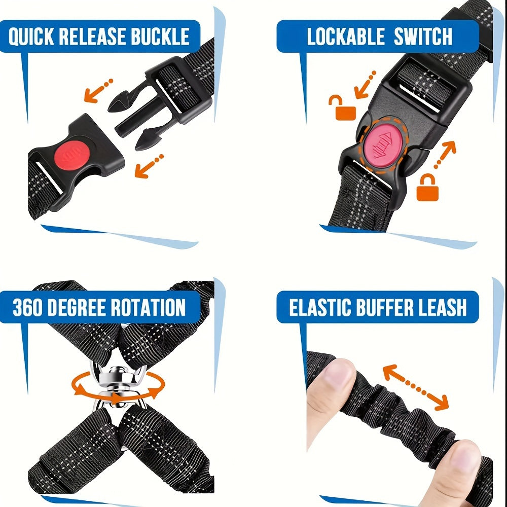 Dual Dog Car Seat Belt with Adjustable Headrest Loop, Two Bungee Tether Straps and Metal Clips for Two-Dog Travel in Red, Rose Red or Black