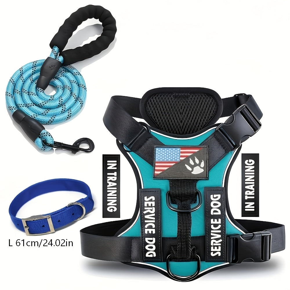 Reflective Dog Harness and Leash Set, 3-Piece Large Dog Walking Kit with Double-Layer Collar and Soft Handle for Daily Walks and Training