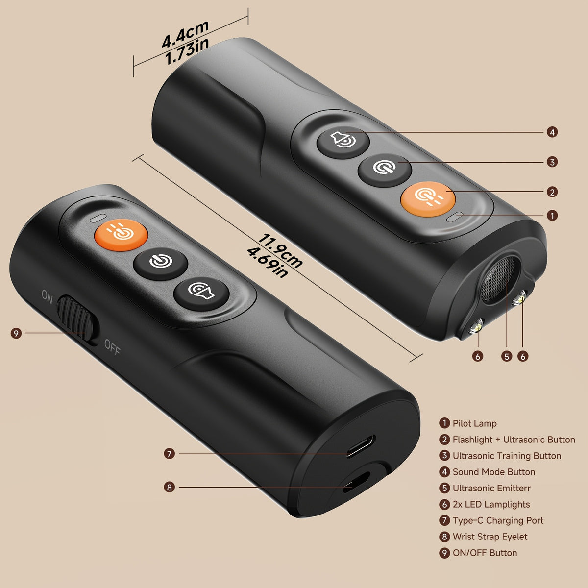 Ultrasonic Dog Deterrent with USB-C Charging, Compact Handheld Bark Training Device with LED Lights and Sound Mode for Supervised Home and Walk Use