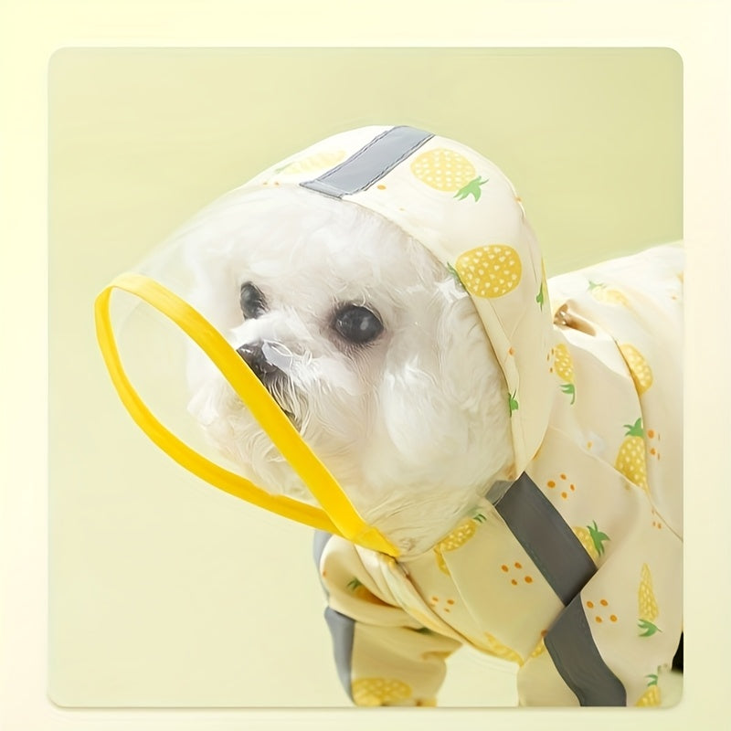 Dog Raincoat with Four-Leg Coverage, Reflective Strip, Extended Brim & Snap Closure for Rainy Walks, Pink Strawberry or Yellow Pineapple