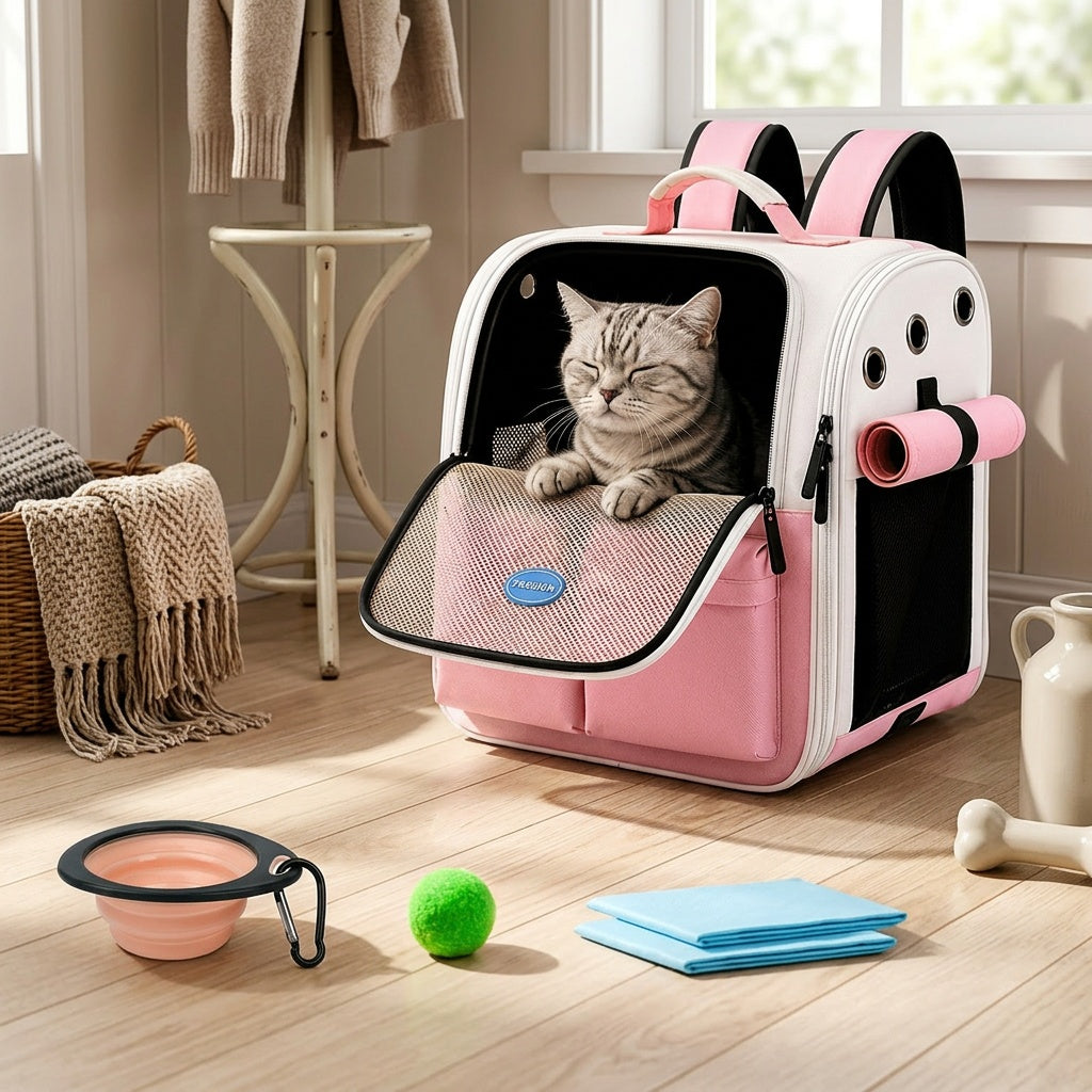 Front Opening Pet Carrier Backpack for Cats, Small Dogs and Puppies, Breathable Foldable Travel Bag with Safety Hook and Storage Pockets