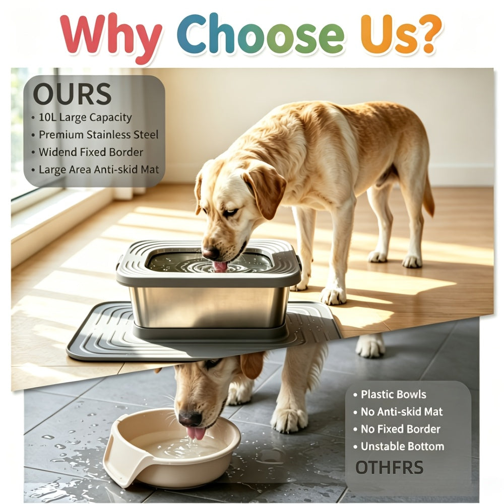 No Spill Dog Water Bowl, 2.64 Gallon Stainless Steel Slow Water Feeder with XXL Mat for Large Dogs and Multiple Pets, Non-Slip Indoor Outdoor Design