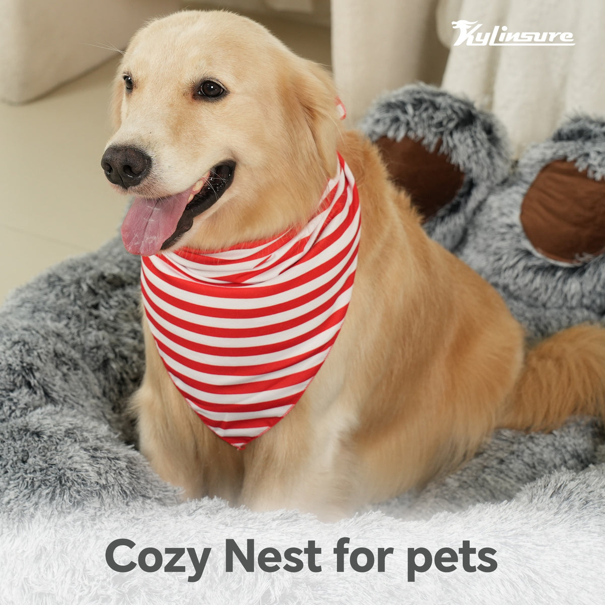 Gray Bear Paw Pet Bed with Scarf, Soft Plush Donut Sleeping Nest for Dogs and Cats with Raised Edges and Non-Slip Bottom, Five Sizes from 50 to 110 cm