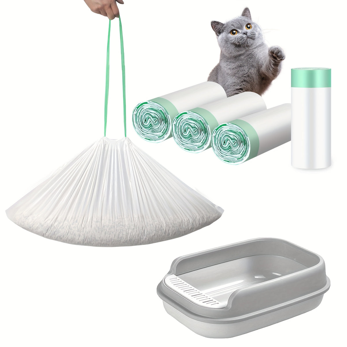 Jumbo Cat Litter Liners with Drawstring, 35.4 x 17.7 Inch Extra-Thick Litter Pan Bags in 30, 40 or 50 Count Rolls for Home Cleanup Routines