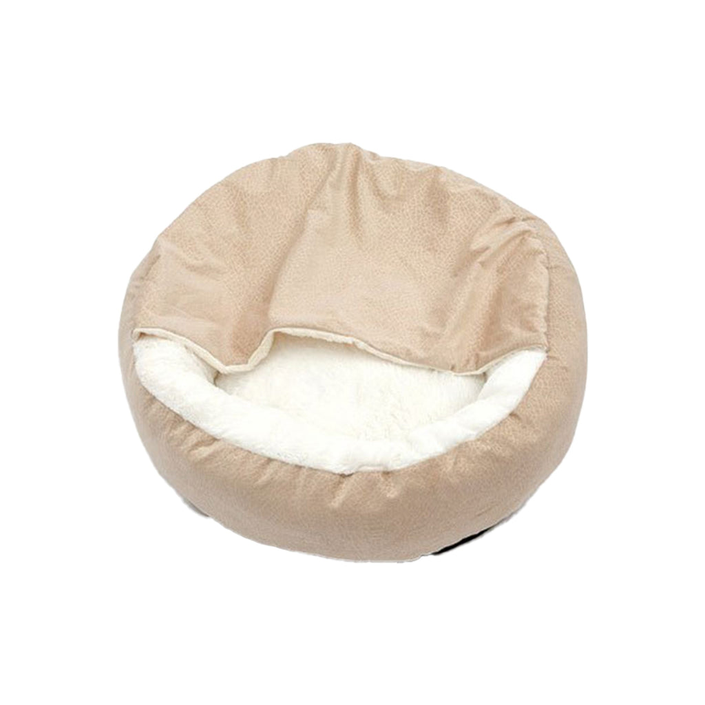 Donut Cave Dog Bed with Hooded Blanket, Fluffy Round Pet Nest with Raised Edges and Non-Slip Bottom for Indoor Dogs and Cats, Beige or Grey