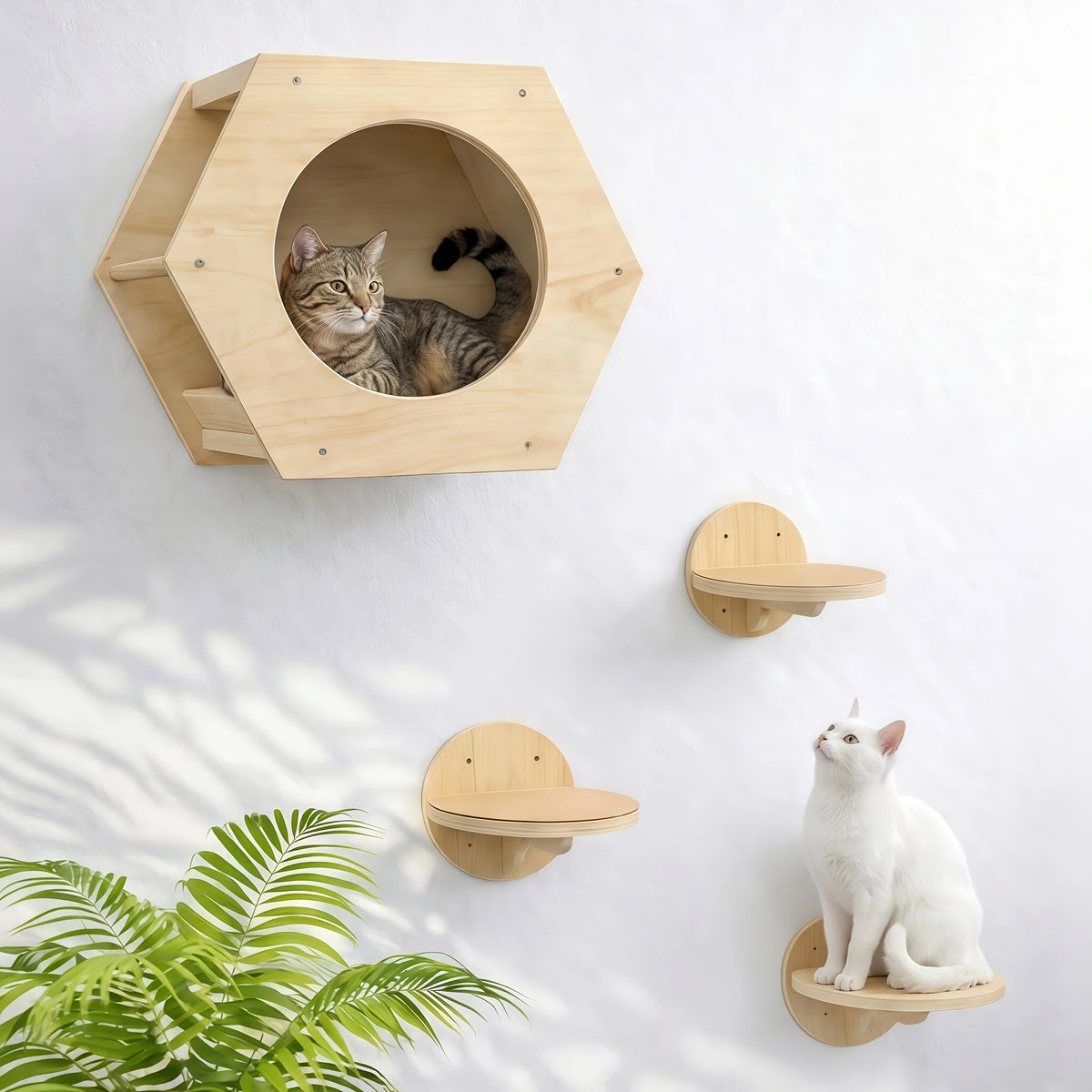 Cat Wall Shelves with Hexagon House, 4-Piece Wooden Climbing Furniture Set with 3 Steps and Scratching Post for Small and Medium Indoor Cats up to 20 lbs
