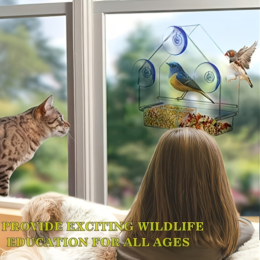 Window Bird Feeder with Removable Tray, Battery-Free Clear Acrylic Suction Cup Feeder for Outdoor Wild Bird Feeding and Close-Up Bird Watching at Home