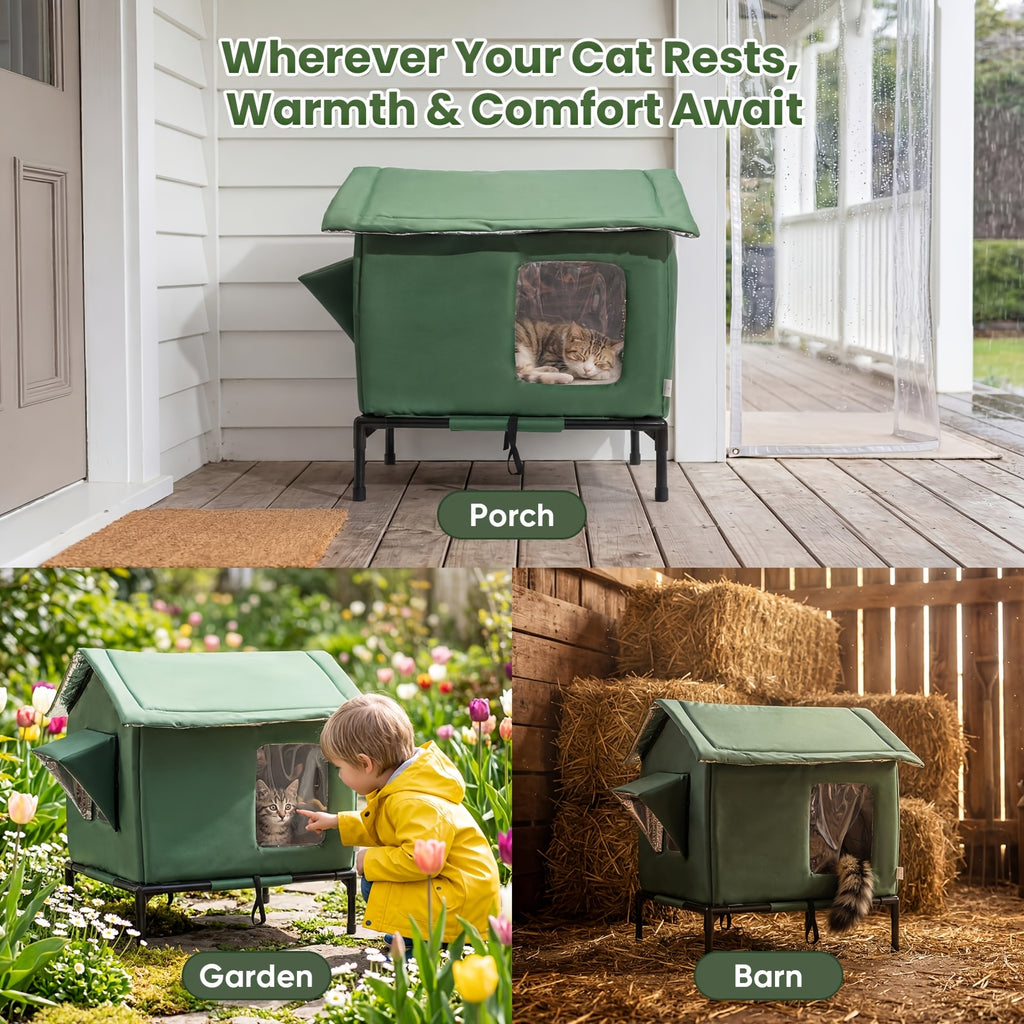 Insulated Outdoor Cat House, Weatherproof Shelter for Stray & Feral Cats, Army Green 17.7 x 15.7 x 21.6 in for Yard, Porch & Garage