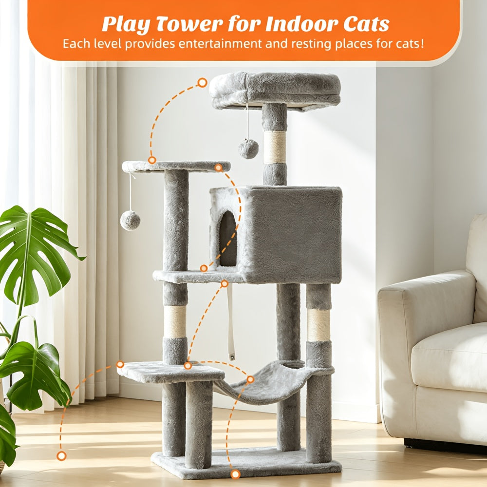 Cat Climbing Tower 44 Inch Multi-Level, Cat Activity Tree with Large Hammock, Enclosed Condo, Top Perch, Natural Sisal Scratch Posts and 2 Hanging Ball Toys for Multiple Cats