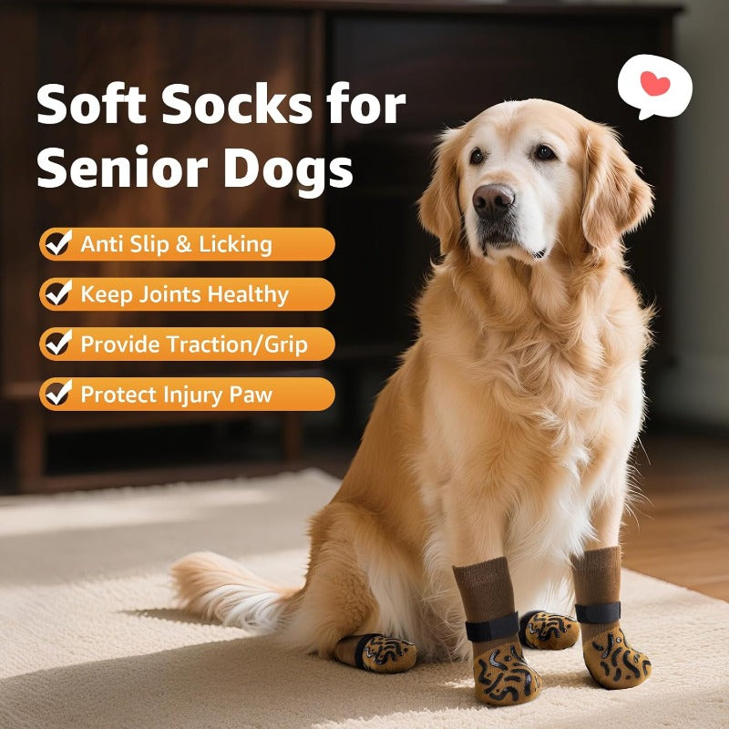 Non-Slip Dog Socks with Grip Pads, 4-Piece Paw Covers for Senior Dogs on Hardwood Floors, Everyday Pet Traction Accessories in Black or Caramel