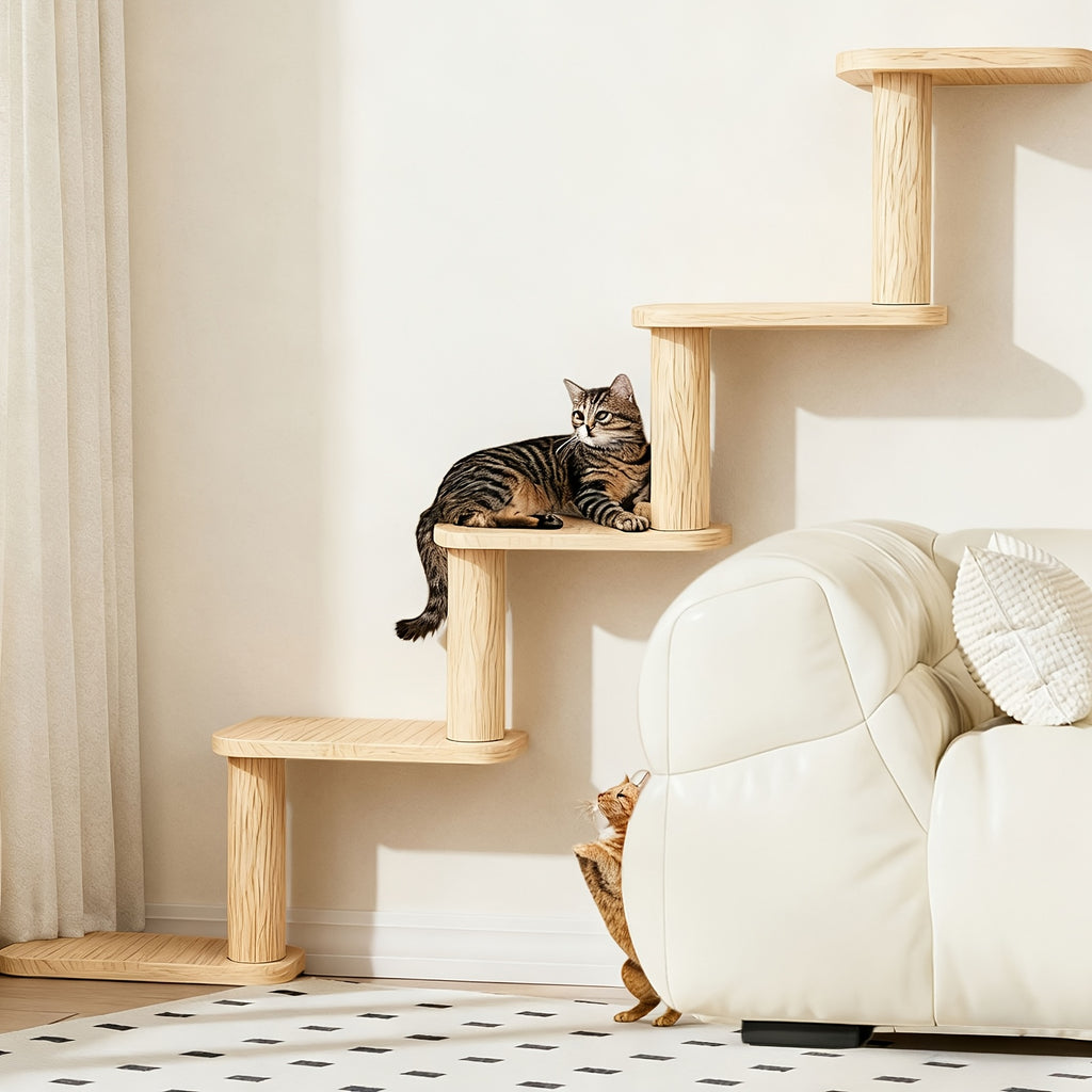 Wooden Cat Wall Steps with Five Levels, Solid Wood Wall-Mounted Cat Climbing Platforms and Indoor Perches for Space-Saving Play and Elevated Rest