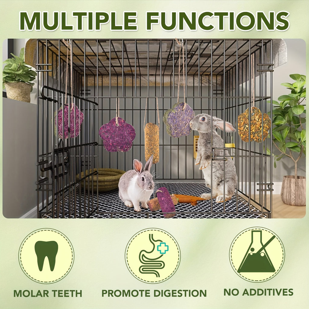 Rabbit Chew Cakes and Sticks 12 Pack, Hanging Timothy Hay Treats with Listed Rose and Chrysanthemum, Flower and Cylinder Shapes for Small Pet Enrichment