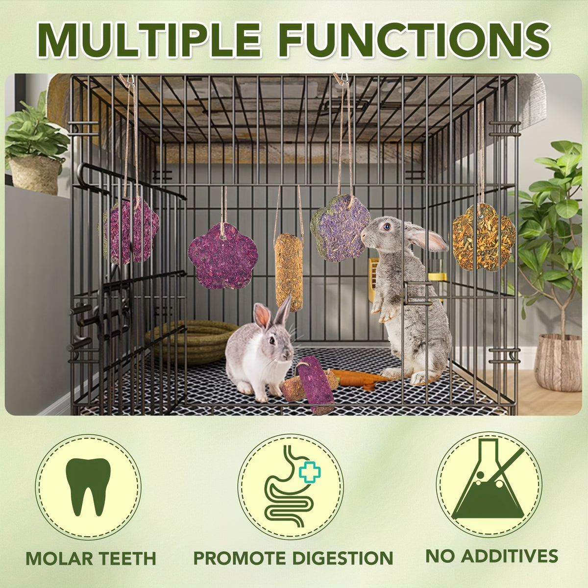 Rabbit Chew Cakes and Sticks 12 Pack, Hanging Timothy Hay Treats with Listed Rose and Chrysanthemum, Flower and Cylinder Shapes for Small Pet Enrichment