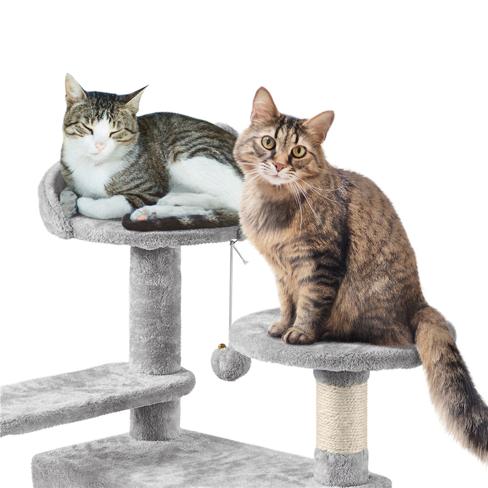 Cat Tree 57 Inch with Two Condos, Plush Multi-Level Indoor Kitten Tower with Round Platform, Ladder and Dangling Ball for Small Cats