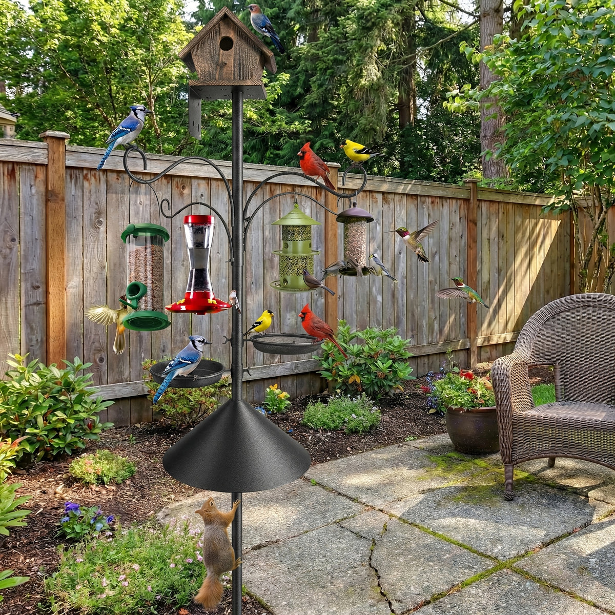 Bird Feeder Pole with Squirrel Baffle, 92-Inch Listed Garden Feeding Station Stand with Adjustable Shepherd Hooks and Metal Trays, Birdhouse Not Included