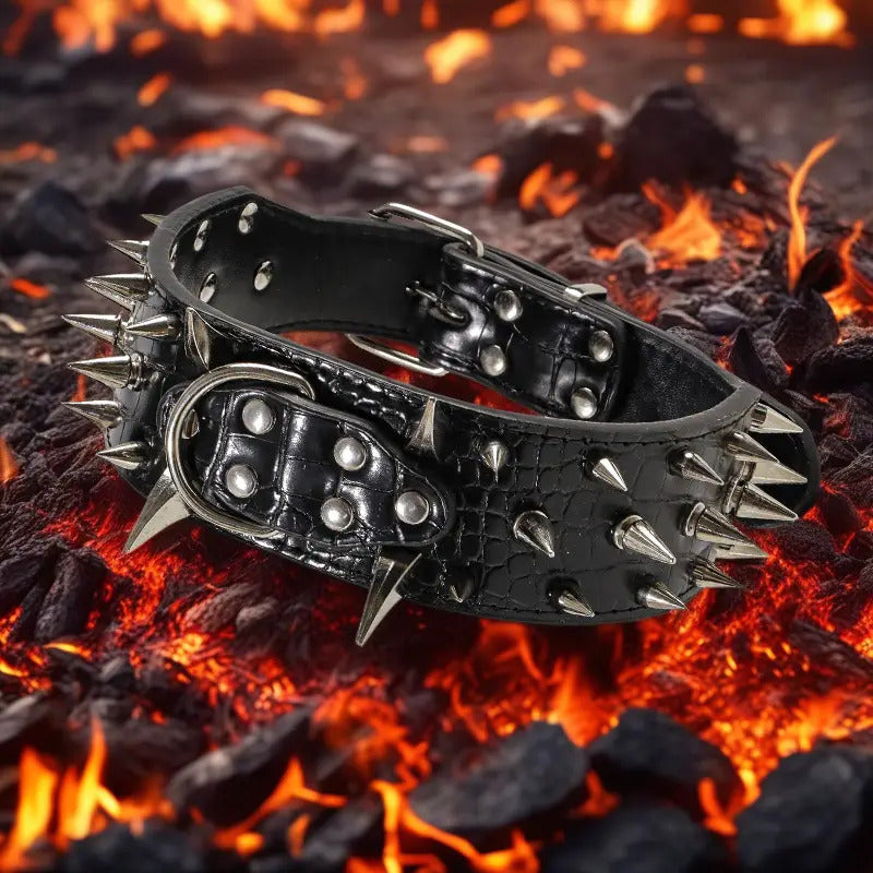 Spiked Dog Collar 2 Inch Wide with Adjustable Buckle, Leather-Like Statement Collar for Medium and Large Dogs, Four Colors in M to XXL Sizes