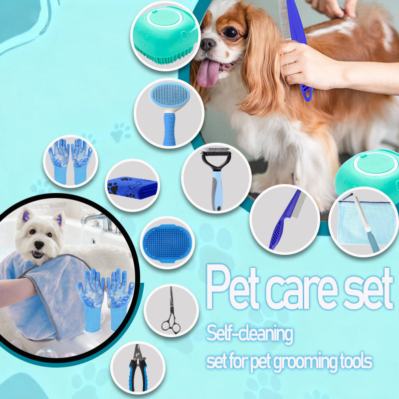 Pet Grooming Kit with Deshedding Gloves, 11-Piece Pink Set Including Brushes, Scissors and a Towel for Everyday At-Home Coat Care